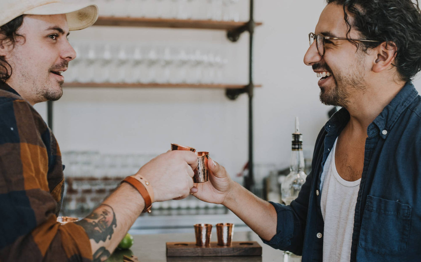 Flight Board with Copper Shot Glasses