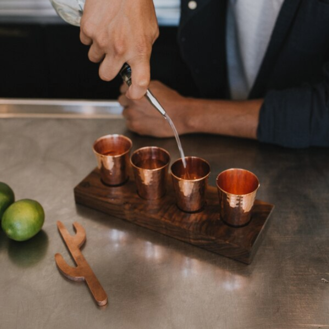 Flight Board with Copper Shot Glasses